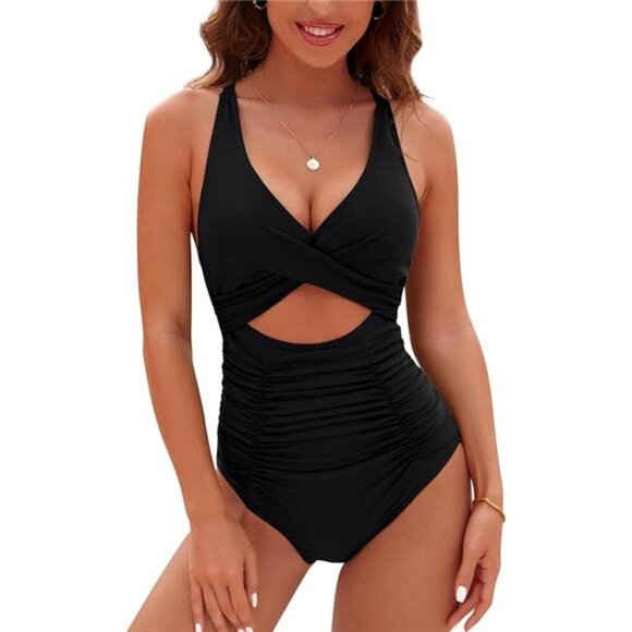 Women's Push Up Tummy Control One Piece Swimsuit V Neck Cutout Bathing Suit - Picture 7 of 7